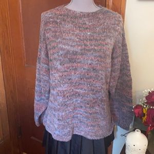 🧶🪡Retro hand knit oversized pink purple and gray sweater, super cozy& warm🧶🪡